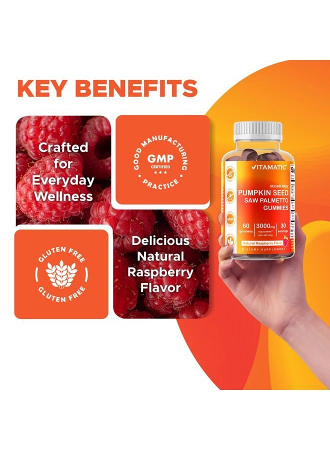 Vitamatic 2 Packs Sugar Free Pumpkin Seed Gummies- 3000 mg Equivalent Per Serving (from 20:1 and 10:1 Extract 200 mg) - Made with Saw Palmetto - Natural Raspberry Flavor - 60 Count - Image 5